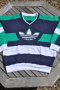 Vintage late 80s Adidas Hockey Style Sweatshirt Medium Cotton Navy/Green/White - Picture 1 of 5
