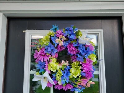 FLORAL ÚNICA CORONA FLORES DECORACIÓN PUERTA DELANTERA 16" MORADO AZUL ROSA NUEVO Foto 1 de 4