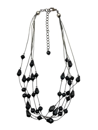 VETEMENTS Collana Gotica Perline Vetro Nero Stratificato Multifilo 18" Grigio Gunmetal 5 Fili