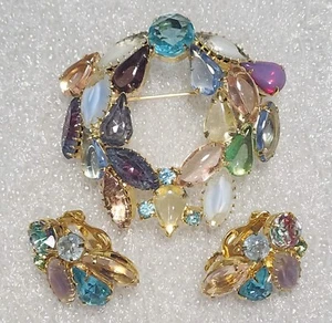 Vintage Multicolor Pastell Cabachon Givre Glas Brosche & Clip Ohrring Set B763 - Bild 1 von 12