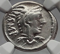 Roman Republic JUNO of LANUVIUM Bull 105BC Rome Ancient Silver Coin NGC i60187