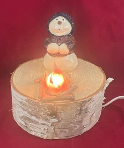 Vintage Snowman Campfire Light Christmas Decor On Ash wood Base - Picture 1 of 5