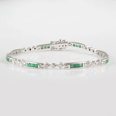 Brazalete de eslabones de tenis con diamantes de plata 925 maciza esmeralda natural regalo para mujer Foto 1 de 4