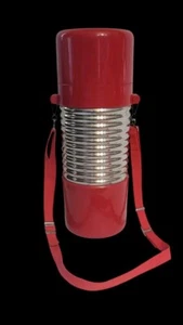 Vintage Nissan Vacuum Flask Nippon Sando Thermos Red/Chrome with Strap - Picture 1 of 6
