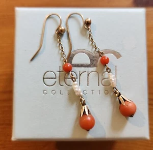 Stunning Antique Coral and Rice Pearl 9ct gold drop / hook earrings - Picture 1 of 3
