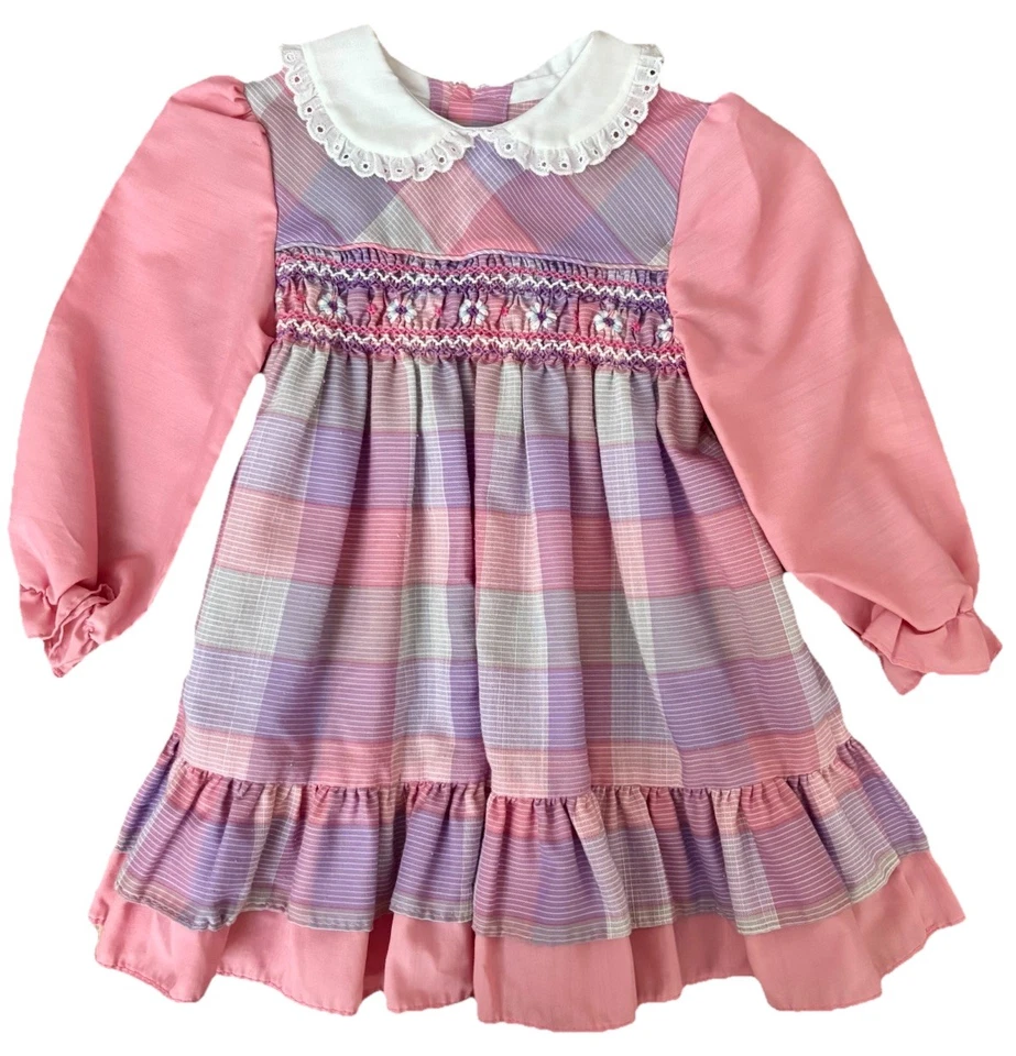 Vestido Vintage Polly Flinders Rosa Cuadros Cuello Peter Pan Calado Talla 2T Foto 1 de 4