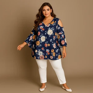 Blue Floral Open shoulder blouse with 1/2 bell sleeves - Picture 1 of 5