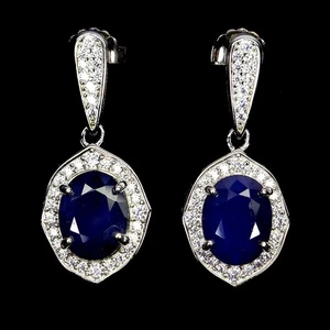 925 Sterling Silver Earrings Oval Sapphire Diffused 9x7mm Gemstone Jewelry - Picture 1 of 13