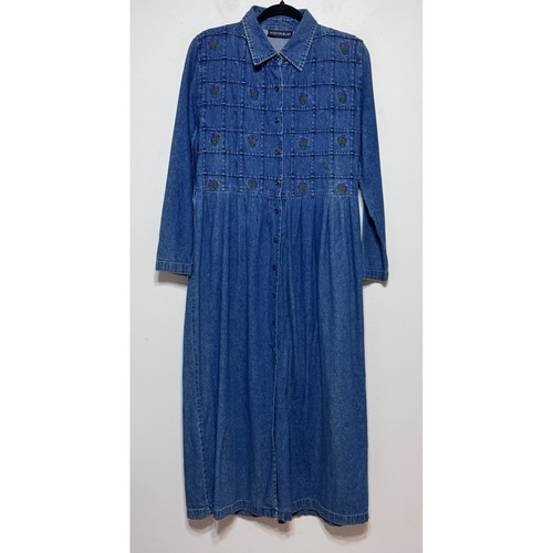 VETEMENTS Maxi abito vintage Y2K in denim ricamato taglia 8 Cottagecore Prairie anni 90 Y2K