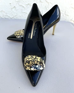 RUPERT SANDERSON Gold Heel Stiletto Pumps Heels Black Patent Leather Size 7 - Picture 1 of 12
