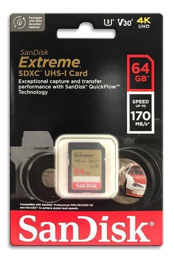 64GB Sandisk Extreme SDXC Memory Card Class 10 V30 UHS-I (SDSDXV2-064G-GNCIN)