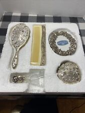 VINTAGE 6 PIECE SILVER PLATED DRESSER VANITY SET, MIRROR COMB AND BRUSH & More