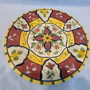 Placa redonda pintada a mano Pier 1 Vallarta 13" amarilla roja nunca usada - Imagen 1 de 4