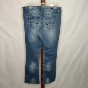 L.e.i. Sofia junior's 11R denim jeans med wash zip hip hugger flare distressed - Picture 1 of 8