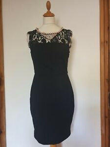 Beloved Milan NEW Fitted Black Party Dress, Diamante Beaded Lace Neckline. XS
