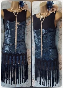 Kate moss topshop Black blue 20s gatsby sequin silk flapper evening dress Vtg 10 - Picture 1 of 11