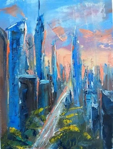 Futuristic New York City 7x9.5" Oil Painting – Hyper-Stylized NYC Skyline - Picture 1 of 4