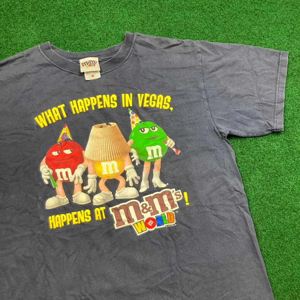 Vintage M&Ms World Shirt Mens M Blue What Happens In Vegas Funny Humor Logo Y2K - Image 1 of 4