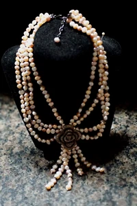 4 Strand Multi Color Cultured Pearl  15"-17" Pendant Necklace 925 Marcasite NWT - Picture 1 of 14