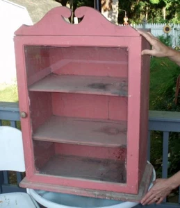 PRIMITIVE ANTIQUE PINK SPICE CHINA SHELF CABINET CUPBOARD RUSTIC COUNTRY FARM - Picture 1 of 24