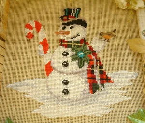 Needlepoint Canvas Preworked Christmas Theme Cane Lovely Snowman Cute Bird - Picture 1 of 3