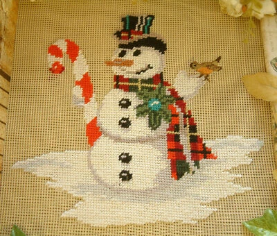 Needlepoint Canvas Preworked Christmas Theme Cane Lovely Snowman Cute Bird - Image 1 of 3