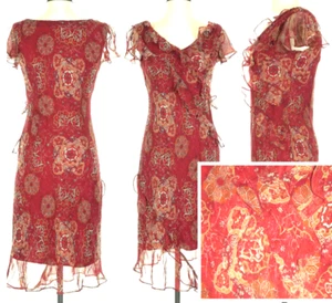 Y2k Dress 9 10 M Burnt Orange Midi Sheer Foral Ruffle Sleeveless Fairy Whimsical - Picture 1 of 18