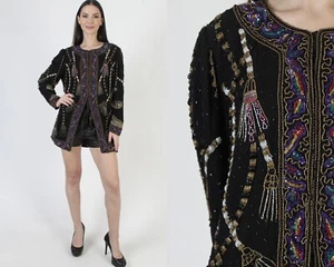 Vintage 80s Black Beaded Jacket Sequin Womens Tassel Cocktail Y2K Blazer L - Picture 1 of 7