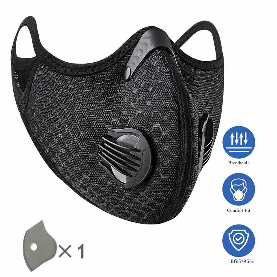 Cycling Face Mask With Active Carbon Filter Breathing Valves Reusable Washable - Image 1 of 1
