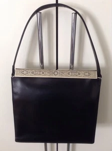 Vintage Jane Shilton schwarze Lederhandtasche schick Niello Stabverschluss oben + Handtasche - Bild 1 von 24