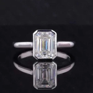 2.50 CTW Emerald VVS1 Moissanite Bezel Set Engagement Ring 14K White Gold Plated - Picture 1 of 9