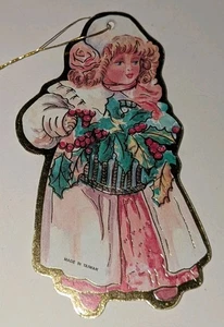 Girl With Holly Berries Die Cut Paperboard Cardboard Christmas Ornament Vintage - Picture 1 of 3