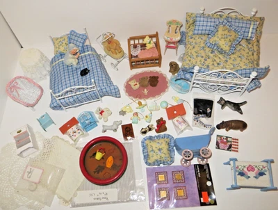 Big Lot Vintage Doll House Furniture & Accessories Child's Bedroom Bed Crib Pets - Image 1 of 4