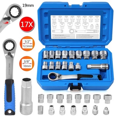 Durchsteck Ratsche Steckschlüssel Satz 17 tlg. Durchsteckknarre 3/8 1/2" 10-24mm - Bild 1 von 4