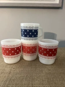 Fire King Anchor Hocking White Milk Glass Red/Blue Polka Dot Lace Mugs Vintage - Picture 1 of 3