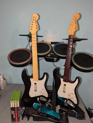 Xbox 360 Rock Band Mic, Drum Set, Cymbal, 2 Guitars, 4 Games Bundle Set - Tested - Image 1 of 4