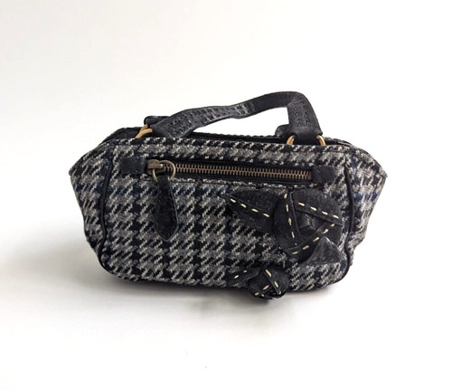 Borsa pochette piccola PRADA pied de poule check lana e pelle nero grigio blu