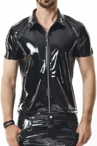 Men’s Shiny PVC Vinyl Polo Shirt – Black Zip Front Gothic Punk Party Outfit - Picture 1 of 7