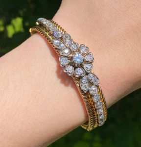 Victorian 4.5 Carat Diamond Flower Bangle Bracelet - Picture 1 of 9