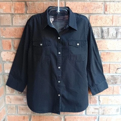 Blusa Top Chaps Para Mujer Talla M Botón Delantero Mangas Largas Negra Lunares Foto 1 de 4