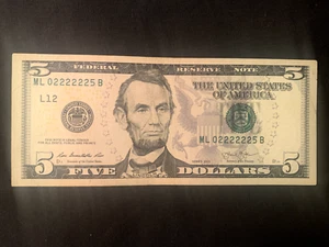 2013 5 Dollar Bill FRN 02222225 - SIX IN A ROW - Picture 1 of 2