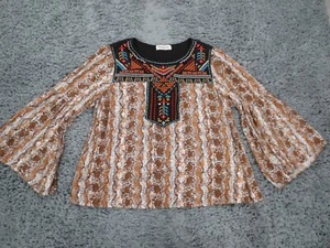 Impressions Top Womens 1X Brown Snake Print Rayon Aztec Embroidered Flare Sleeve - Picture 1 of 12