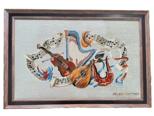 VTG Large Completed Framed Needlepoint Musical Notes Violin Harp Mandolin - Picture 1 of 7