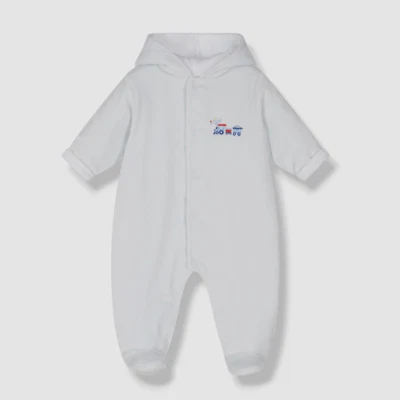 $70 Kissy Kissy Blue Eastbound Train Hooded Footie Size 6-9M - Image 1 of 3