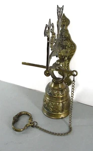 HEAVY SOLID BRASS MONASTERY CHURCH BRASS DINNER BELL WALL HANGING PULL CHAIN VTG - Picture 1 of 18