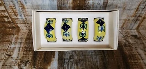 Set Of 4 Pier 1 One Napkin Rings Yellow Blue Flowers Ceramic New In Package - Picture 1 of 3