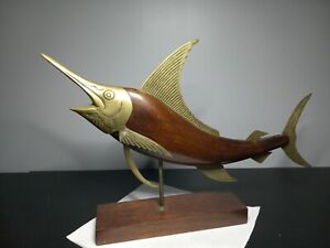 VTG Brass Wood Swordfish Large Sculpture 14" tall by 22" long 