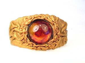 Adjustable Genuine Sculpted  Leather Cuff Bracelet-Baltic Amber Mosaic Stone