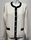 Pull cardigan en tricot femme Adrianna Papell blanc garniture noire grand bouton neuf