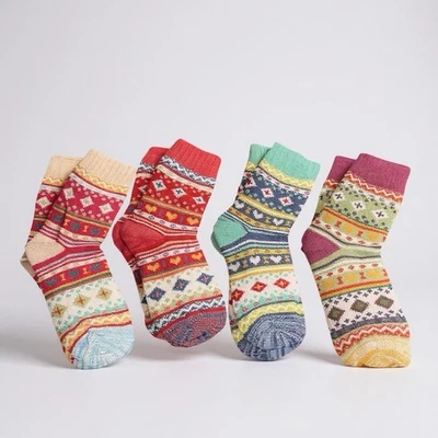 Новый 4 пары женщин тяжелая вязка цветной Fair Isle сердца зимняя кабина носки комплект - Изображение 1 из 4